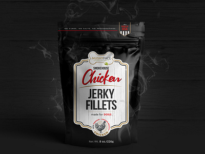 Vintage black package design for Chicken Jerky Fillets black pouch chicken jerky dog food dog food package dog treats jerky jerky bag design jerky fillets matte black package package design vintage design