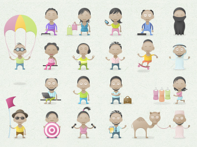 Social media characters briefcase camel characters dress dudes flag icons illustration laptop people skateboard target