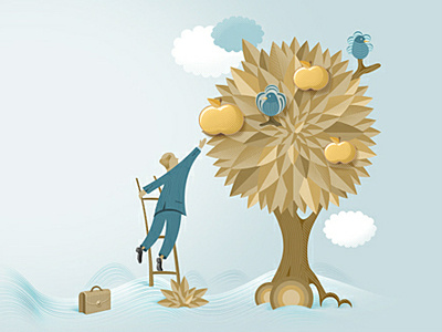 Another illustration for online project apple birds case illustration man stairs tree