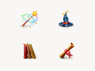 Set of Magic icons books hat icons magic scroll wand