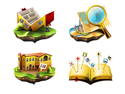 Set of graphics for Real Estate company book glass graphics house illustrations map open