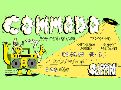 Slippin' flyer 140 banana boombox club digital dope event flyer garage illustration jungle music nightclub poster promo smile smoke ufo vector vinyl
