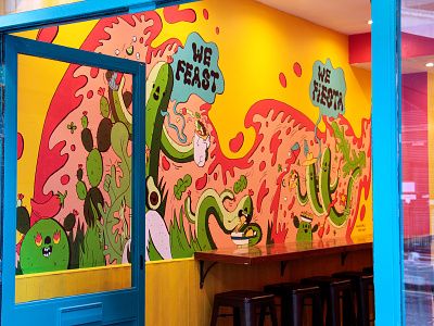 Benito's Oxford Circus Mural burrito cactus dope drinks food happy illustration indoors margarita mexican mural oxford circus painted painting restaurant smile spicy taco take away wall