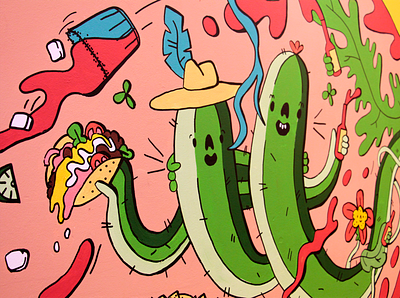 Benito's Oxford Circus Mural close up alcohol burrito cactus dope drinks flora flower fluid happy hat ice illustration margarita mexican mural party restaurant smile taco wall
