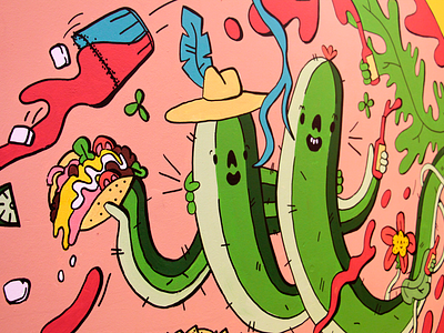Benito's Oxford Circus Mural close up alcohol burrito cactus dope drinks flora flower fluid happy hat ice illustration margarita mexican mural party restaurant smile taco wall