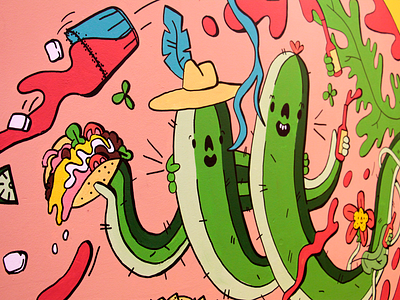 Benito's Oxford Circus Mural close up alcohol burrito cactus dope drinks flora flower fluid happy hat ice illustration margarita mexican mural party restaurant smile taco wall