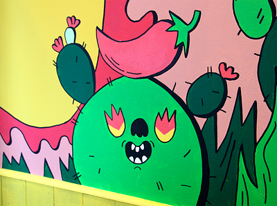 Benito's Oxford Circus Mural close up burrito cactus chili dope fire flora happy illustration in love mexican mural painting posca restaurant smile spicy taco wall art