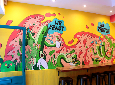 Benito's Oxford Circus Mural burrito cactus dope drinks feast fiesta fire happy illustration margarita mexican mural party restaurant smile spicy street art taco wall wall art