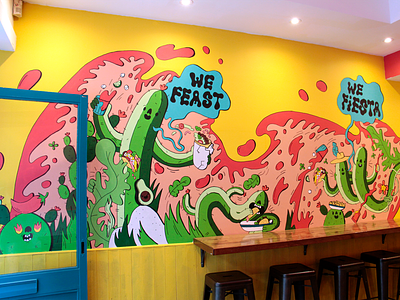 Benito's Oxford Circus Mural burrito cactus dope drinks feast fiesta fire happy illustration margarita mexican mural party restaurant smile spicy street art taco wall wall art