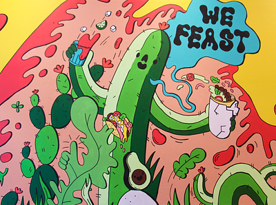 Benito's Oxford Circus Mural close up burrito cactus dope feast fiesta happy illustration indoors interior london mexican mural oxford circus party restaurant smile taco take away wall art wave