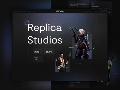 About Replica Studios about ai blue dark illustration landing page neon purple stats tech type ui visual design voice website