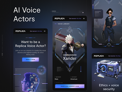 AI Voice Actors - Mobile responsive ai art blue button dark game illustration mobile neon purple replica responsive design studios tech ui voice voice actors website