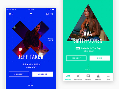Profiles app avatar blue button design green icons mobile music musician profile ui