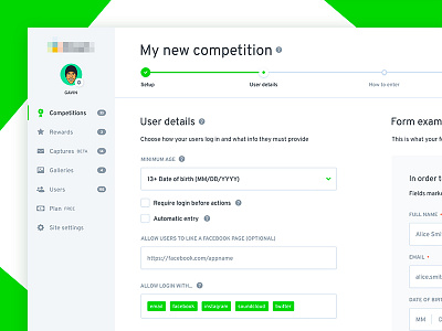 New competition bar fields form green icons process progress tags ui url