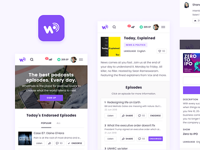 Mobile Responsive button clean episode icon logo mobile mobile design podcast purple responsive design ui whatpods white