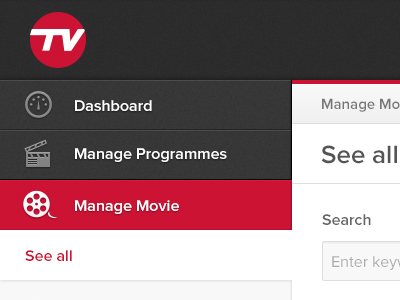 Tevee Admin admin fields form grey icons paging red select switch tevee tv ui