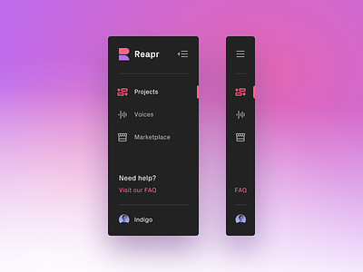 Menu snippet branding gradient icons interaction logo menu menu design minimal pink purple ui