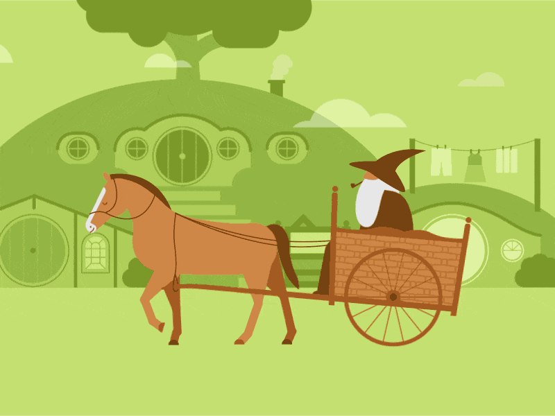 Ridin' Round | Hobbiton 2d animation bilbo baggins carriage clothesline gandalf gif hobbit hobbiton illustration lord of the rings lotr new zealand the green dragon the mill the shire trees