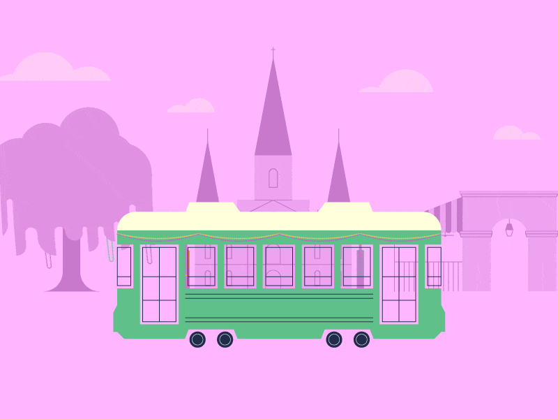 Ridin' Round | New Orleans 2d animation beads cafe du monde french quarter gif illustration jackson square jazz mardi gras motion graphics new orleans pat o briens preservation hall saxophone spanish moss st. charles streetcar streetcar travel tree