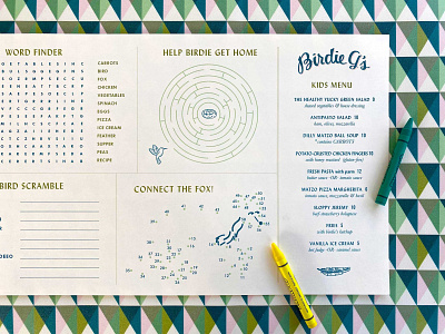 Birdie G's Kids Menu illustration menu design restaurant branding