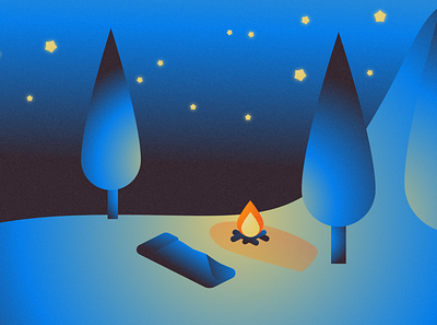 Camping under starlight blue and yellow campfire camping gradients graphic design illustration minimalist nature night sky noise sleeping bag stars