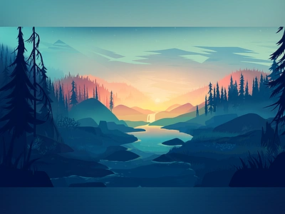 Forest (learn&copy from Mikael) cyan forest illustration sunset