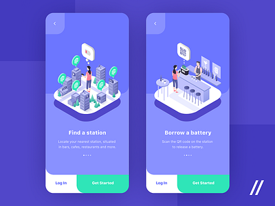 Charge on the Go Onboarding Screens app design figma illustration isometry mobile onboarding onboarding screen powerbank product purrweb station ui ux