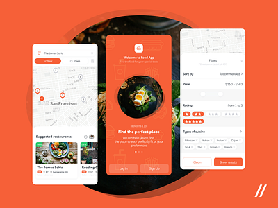 Food Recommendations App UI/UX app design figma filters food location login map mobile product purrweb result signup splashscreen ui ux