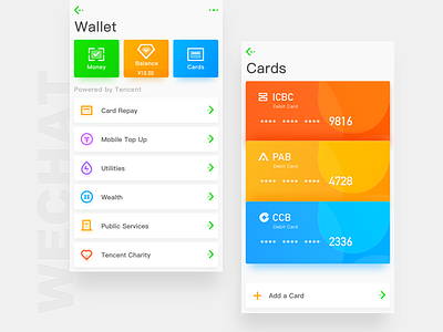 Wechat Redesign---Wallet and Cards bank card charity money public services repay services utilities wallet wealth