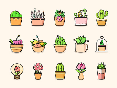 Plants-Color bloom cactus flower grass icon illustrator line mushroom