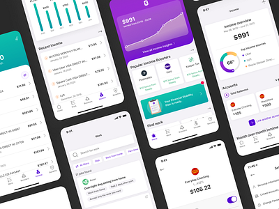 Steady App app app design banking bar graph card data visulization donut chart finance fintech graphic income income tracking iphone line graph minimal tile