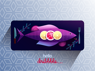 First Dribbbler's dinner! debut dribbble slice first shot fish food hello illustration invitation sea food thank you