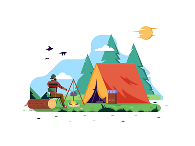 A camp in the forest blue yellow white colors bright color combinations camping character design design exploration enviroment environmental graphics illustration landscape minimal art minimal clean design traveling user interface ui visual identity