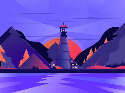 Lighthouse art design process design exploration detailed digital art environmental flat gradient icon grain grainy illustration lake lightouse minimal art minimal clean design mountains orange red blue colors sea sunset texture ui visual identity