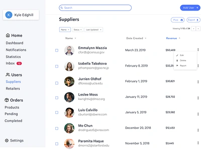 Supplier Dashboard Web | Distribution Company add clean cms dashboad desktop export filter home inbox list orders print sketch stats table ui ui ux user user users web