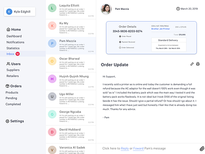Inbox | Distribution Company app attachment blue clean design email illustration inbox mail message messages order react reply sketch ticket ui ux web web design