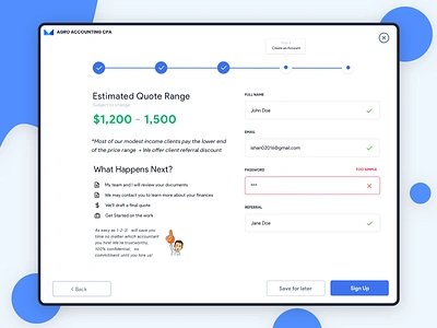 CPA PriceTool Sign Up account accountant accounting blue clean cpa design form mobile sign in sign up sign up form signup sketch tax tax prep taxes ui ux white