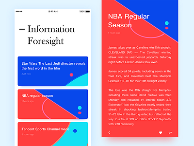 Information Foresight app concept detail interface，press feed，card ui ux