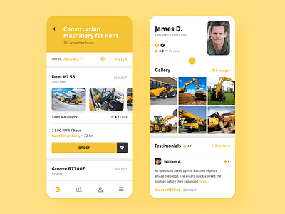 Mobile app UI design - heavy machinery renting app clean design minimal mobile modern ui white yellow