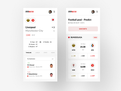 Football News and Bets - Mobile App app clean design light minimal mobile modern red ui white
