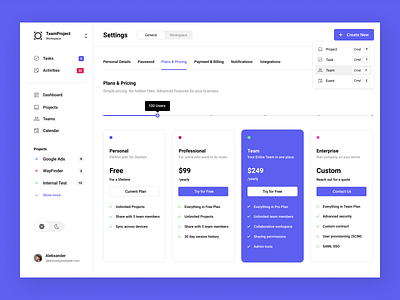 Dasboard - Plans and Pricing page