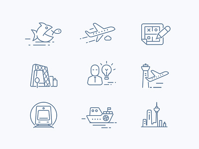 Icon design of architectural planning website aircraft airport building design fish icon idea people ship skyline subways train