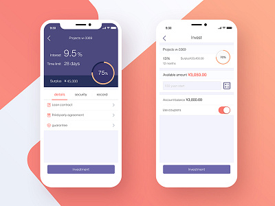 Financial app details page and purchase page activities events financial app ios iphone x mobile money savings transactions ui ux