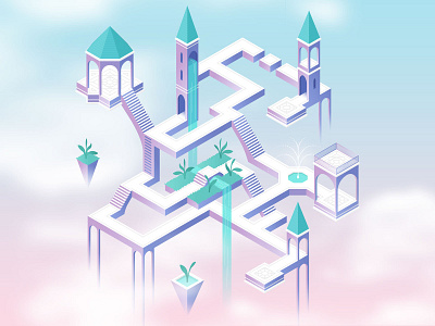City in the sky cloudy escher fantasy world illustration isometric sky city vector