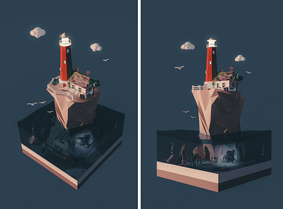 Lighthouse at sunset hour 3d architecture illustration landscape lighthouse low poly lowpoly sunset