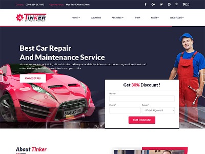 Tinker – Car Repair and eCommerce Template auto auto blog auto shop car blog car repair car shop cars clean flat
