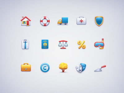 Rubricator icon set briefcase car copyright emotions home icons passport percent shield shirt tree ui