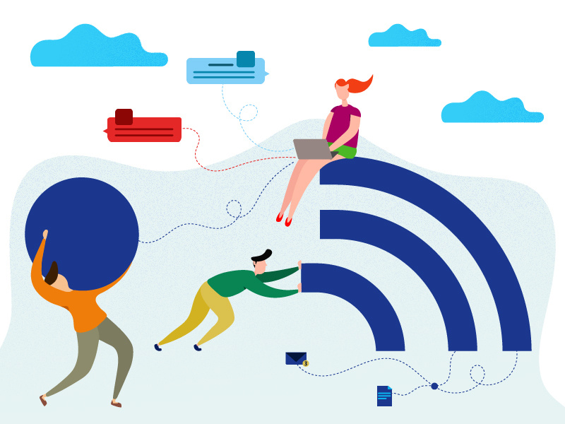 Wifi design cloud best buid illustration man woman illustrator character flat random hard work group colleague wifi provider service internet isp
