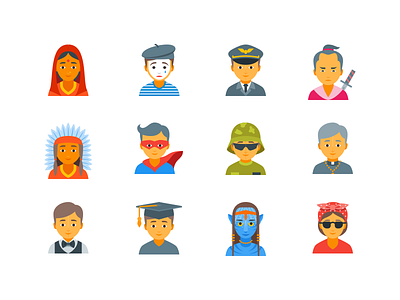 People icons avatar flat icon hipster mime pilot samurai student superhero waiter