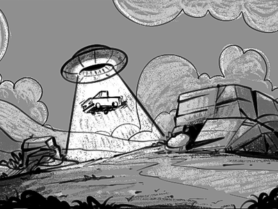 Ufo Abduction abduction car concept art deser environment greyscale horizon land scenario ship spaceship truck ufo